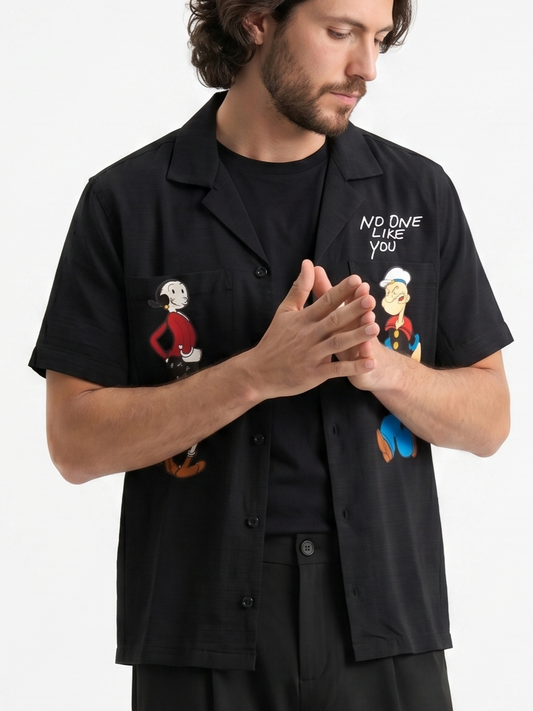 Linen Regular Fit Printed Short Sleeves Black Shirt /1001-202-10