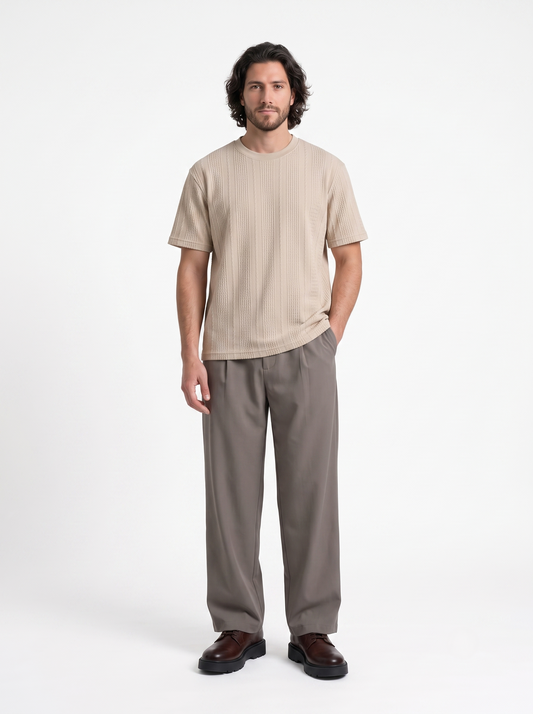 Textured Cotton Shirt Round Neck Beige/1004-201-13