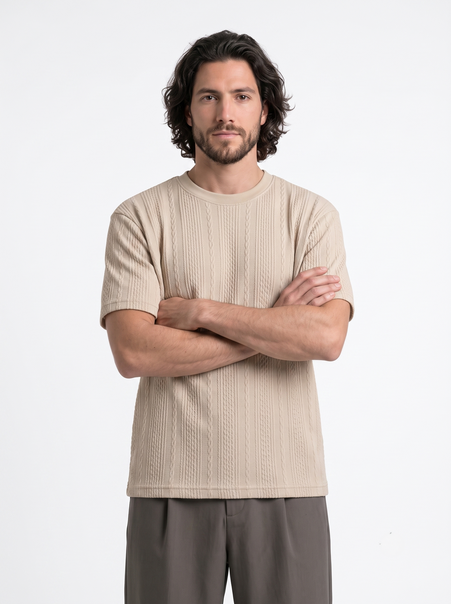 Textured Cotton Shirt Round Neck Beige/1004-201-13