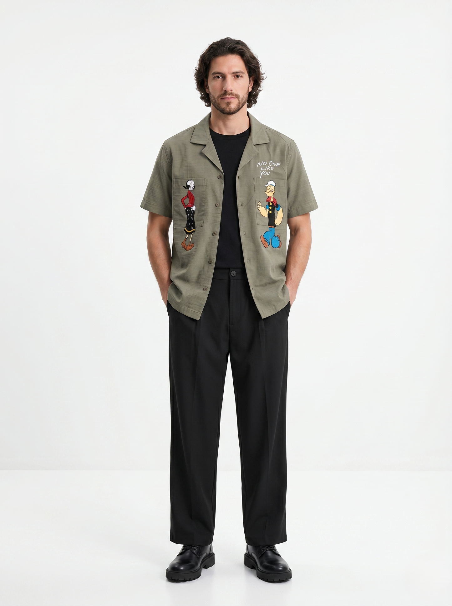Linen Regular Fit Printed Short Sleeves Olive Shirt/1001-202-14
