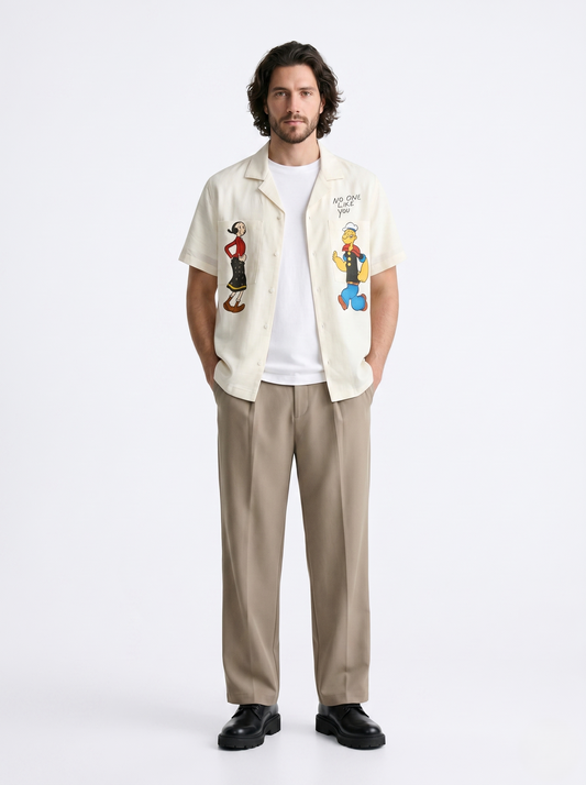 Linen Regular Fit Printed Short sleeves White Shirt/1001-202-12