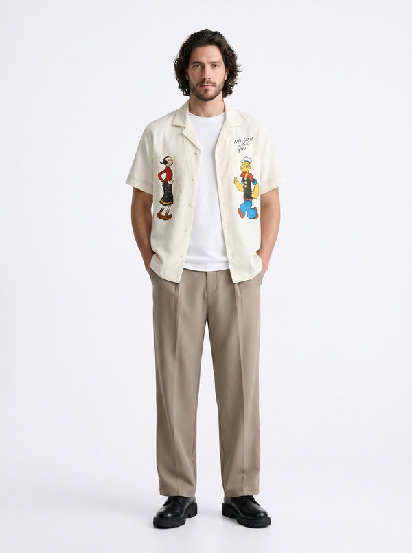 Linen Regular Fit Printed Short sleeves White Shirt/1001-202-12