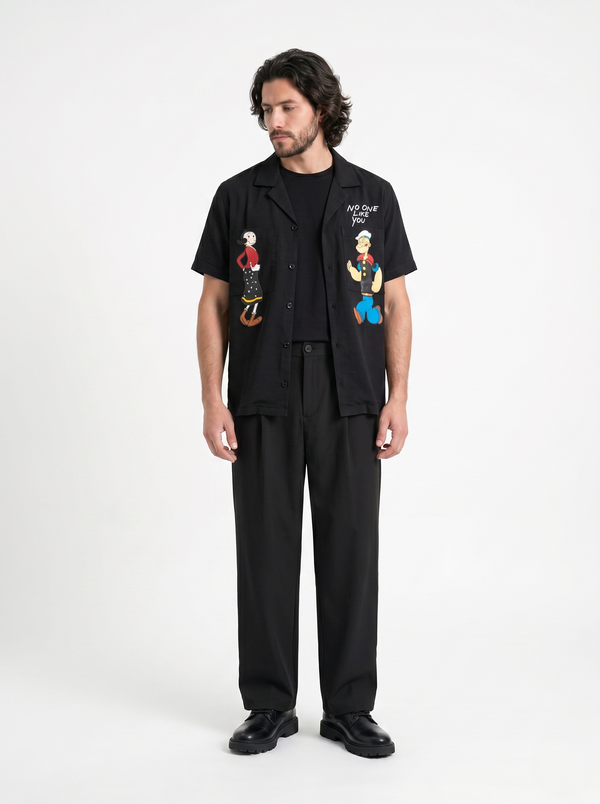Linen Regular Fit Printed Short Sleeves Black Shirt /1001-202-10