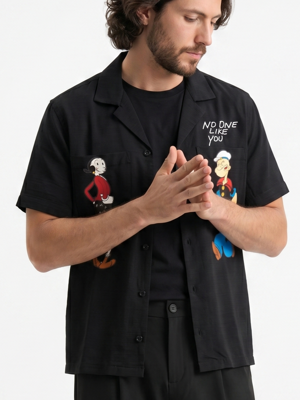 Linen Regular Fit Printed Short Sleeves Black Shirt /1001-202-10