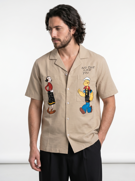 Linen Regular Fit Printed Short Sleeves Beige Shirt/1001-202-13