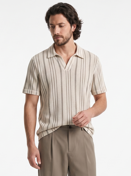 Relaxed-Fit Knit Polo With a Striped Design Beige/1003-205-13
