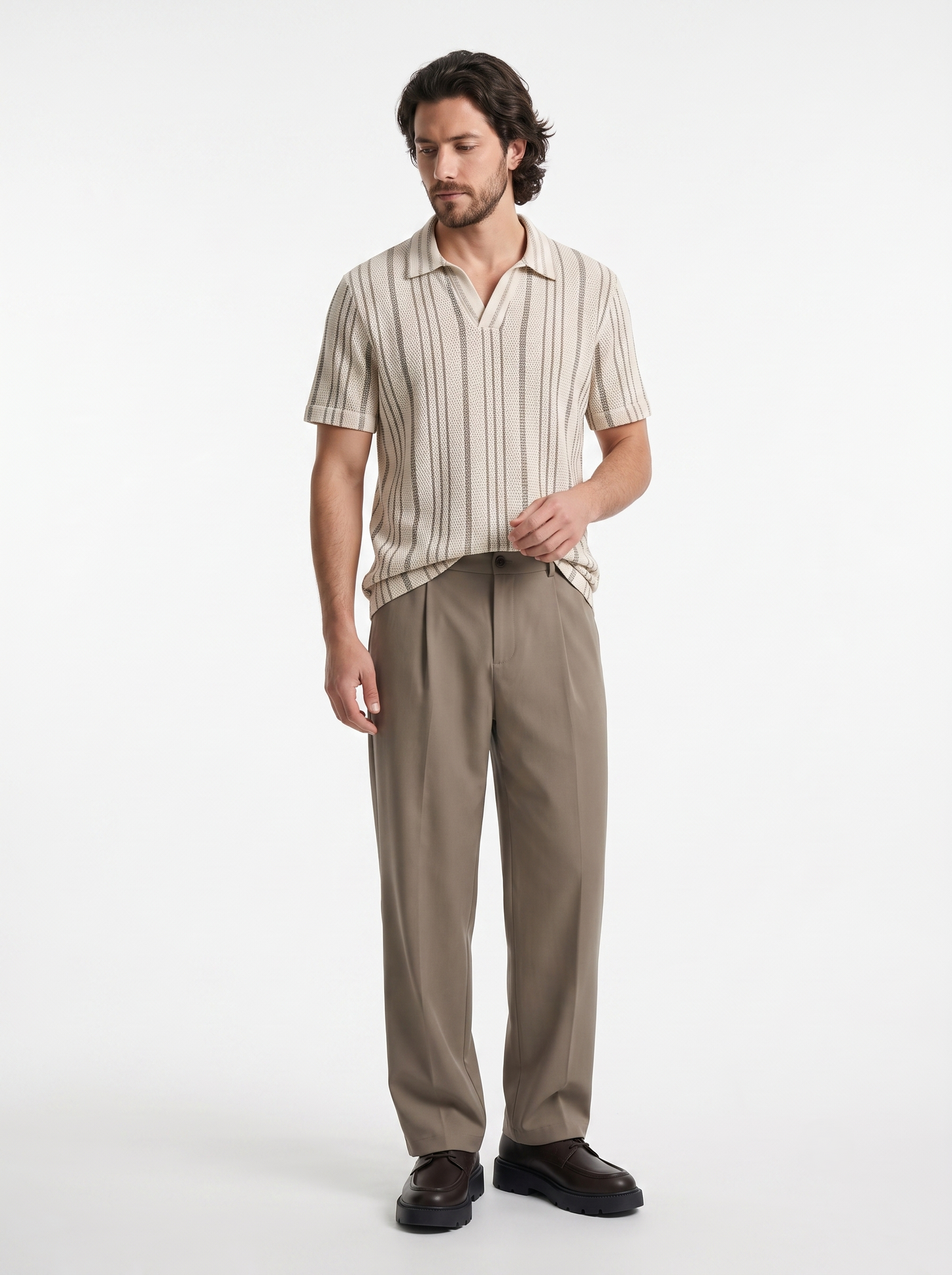 Relaxed-Fit Knit Polo With a Striped Design Beige/1003-205-13