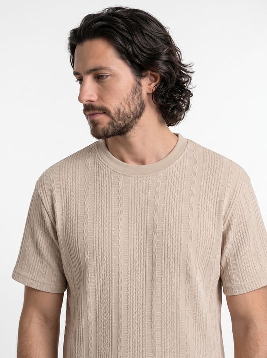 Textured Cotton Shirt Round Neck Beige/1004-201-13