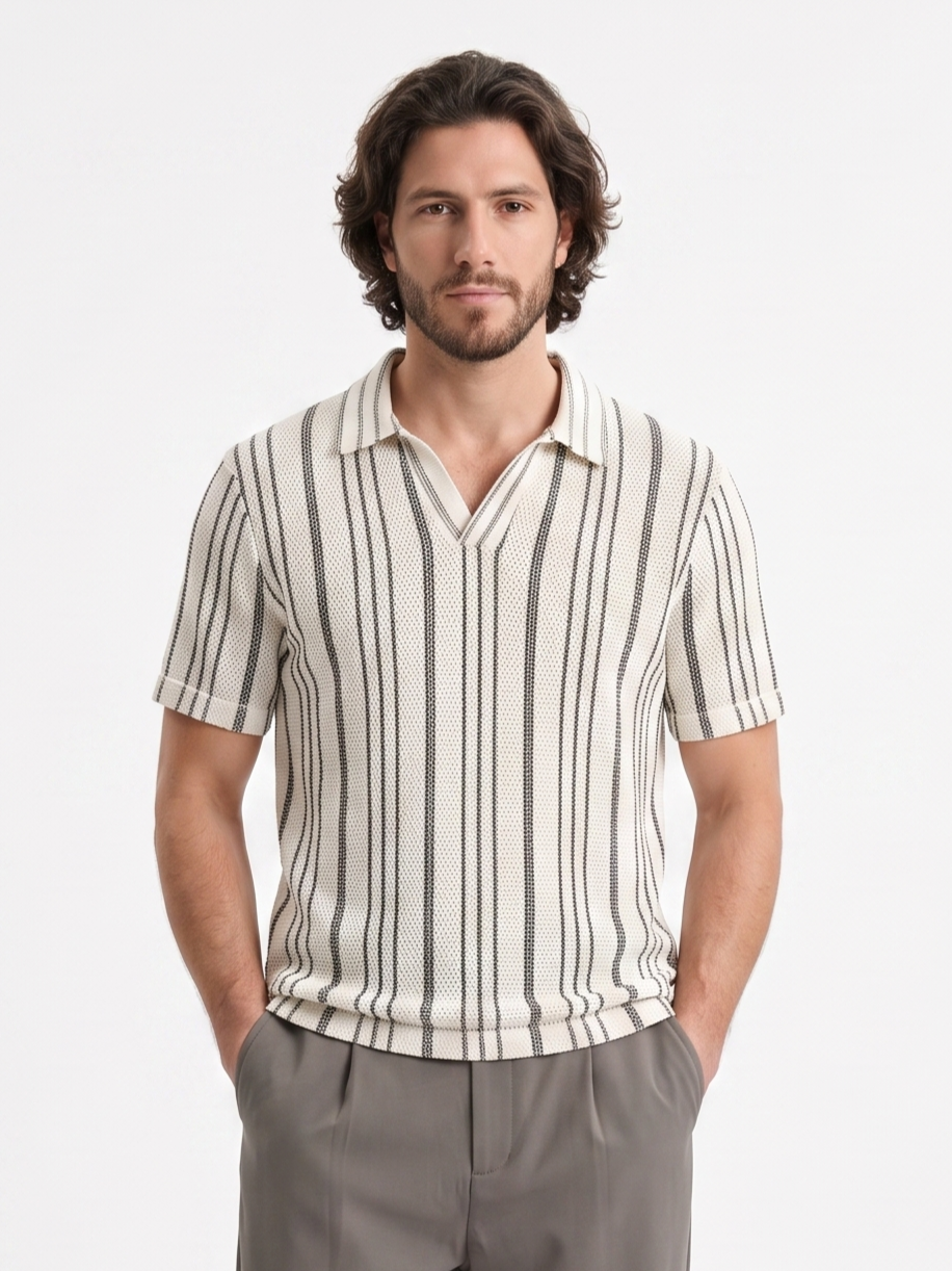 Relaxed-Fit Knit Polo With a Striped Design Black/1003-205-10