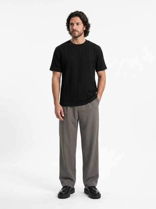 Textured Cotton Shirt Round Neck Black/1004-201-10