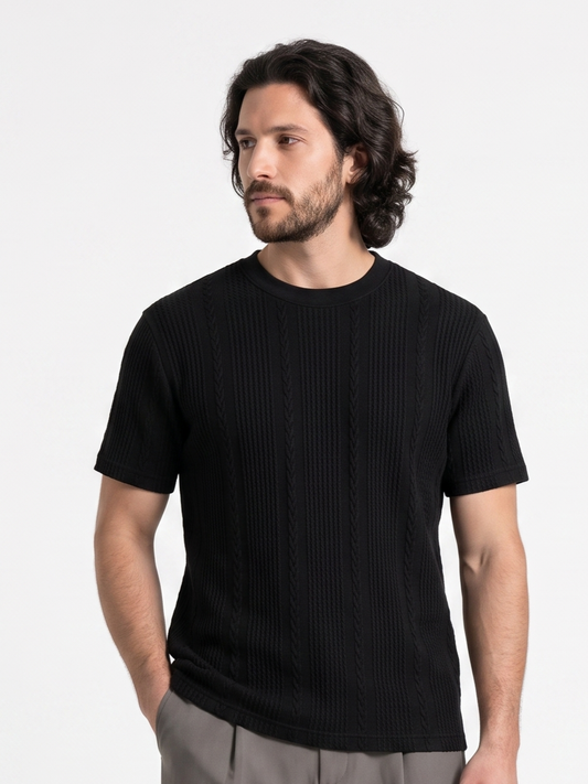 Textured Cotton Shirt Round Neck Black/1004-201-10
