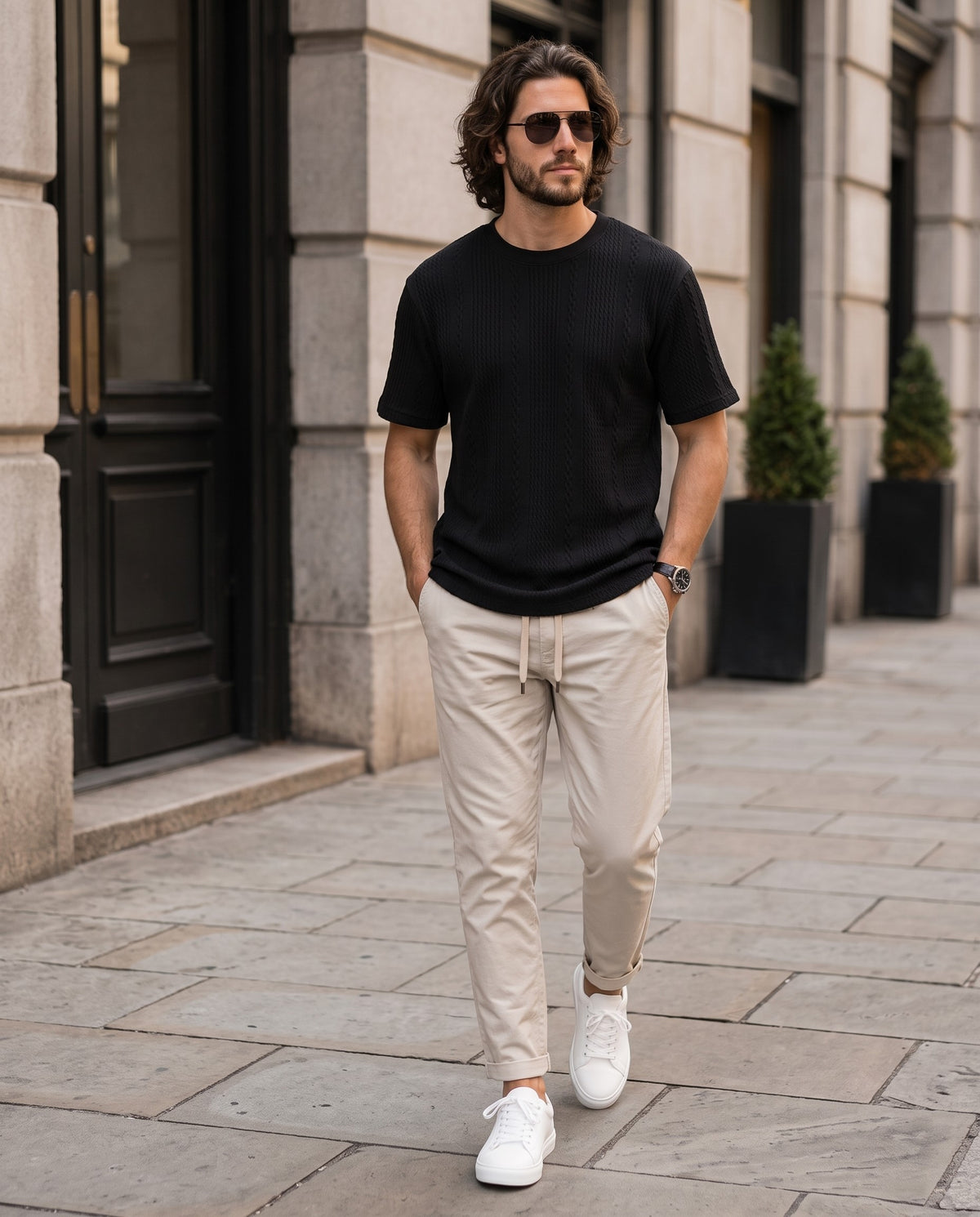 Textured Cotton Shirt Round Neck Black/1004-201-10