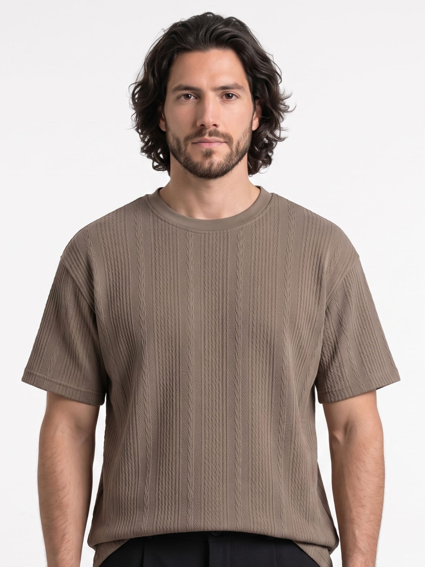 Textured Cotton Shirt Round Neck Brown/1004-201-24
