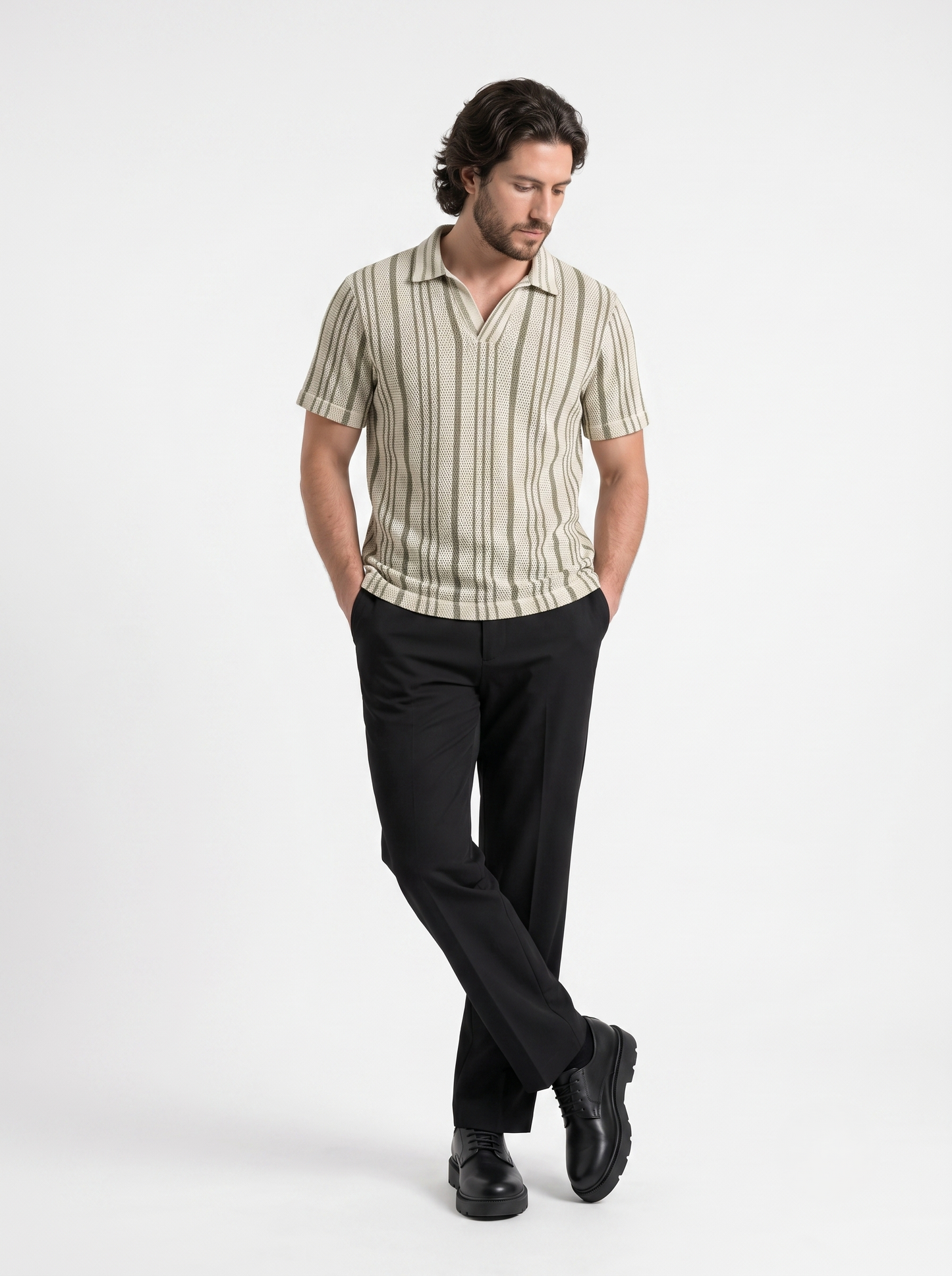 Relaxed-Fit Knit Polo With a Striped Design Olivegreen/1003-205-14