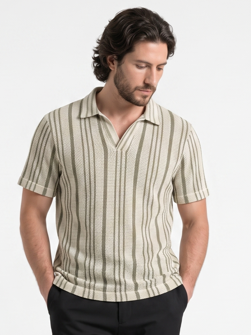 Relaxed-Fit Knit Polo With a Striped Design Olivegreen/1003-205-14