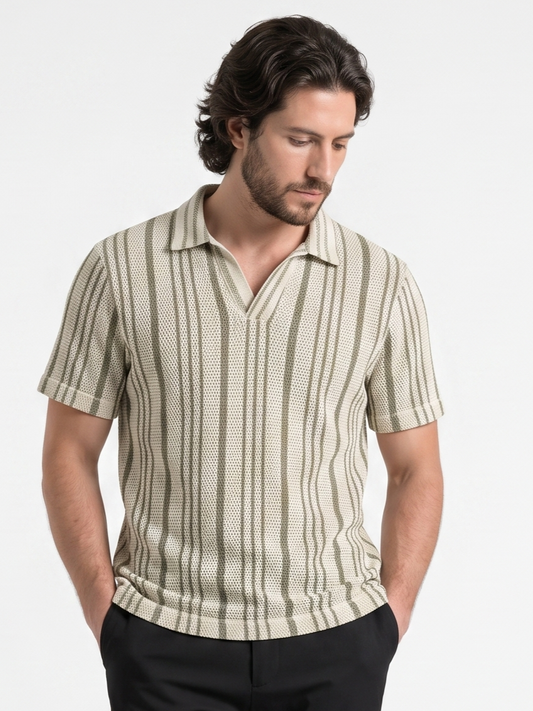 Relaxed-Fit Knit Polo With a Striped Design Olivegreen/1003-205-14