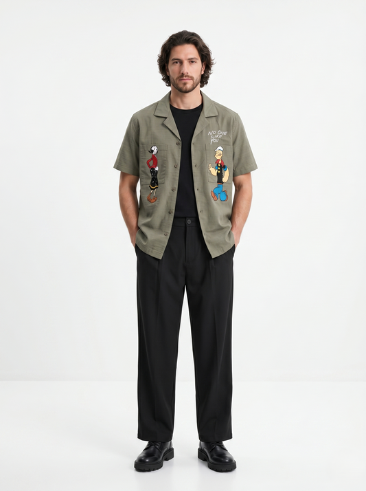 Linen Regular Fit Printed Short Sleeves Olive Shirt/1001-202-14