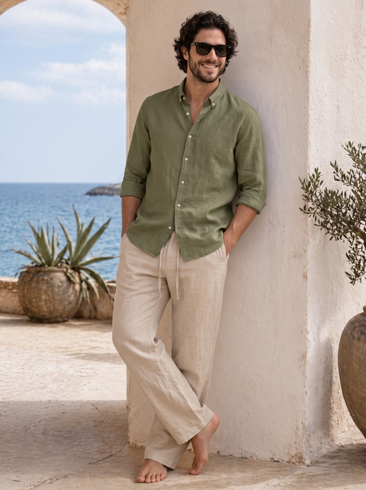 Oversized Basic Linen Shirt With Long Sleeves/1027-202